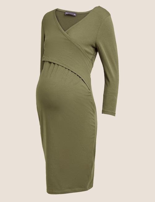 Yeşil V Yaka Uzun Kollu Hamile Elbise