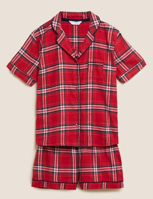 Kırmızı Saf Pamuklu Ekose Desenli Pijama Takımı