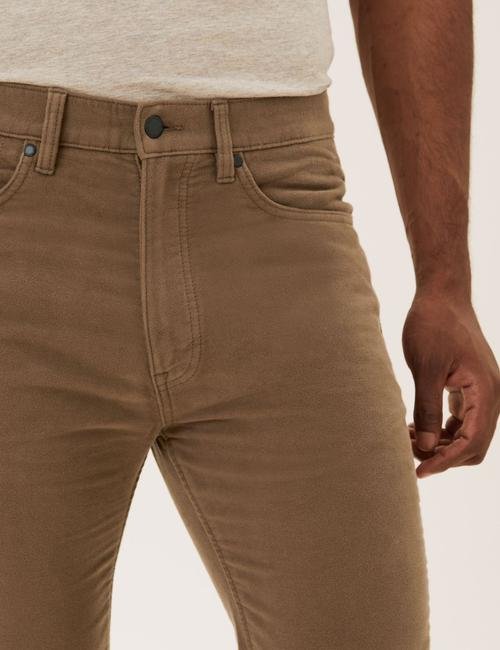 Kahverengi Saf Pamuklu Regular Fit Moleskin Pantolon