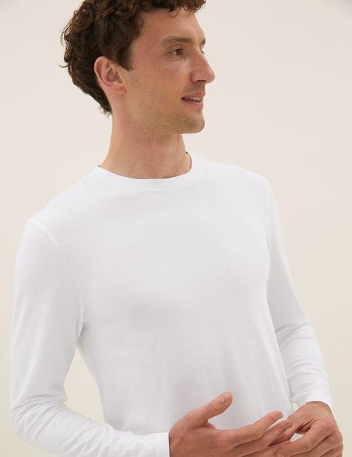 Beyaz Saf Pamuklu Uzun Kollu T-Shirt