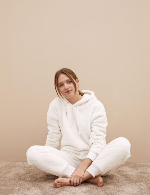 Krem Kapüşonlu Polar Pijama Üstü