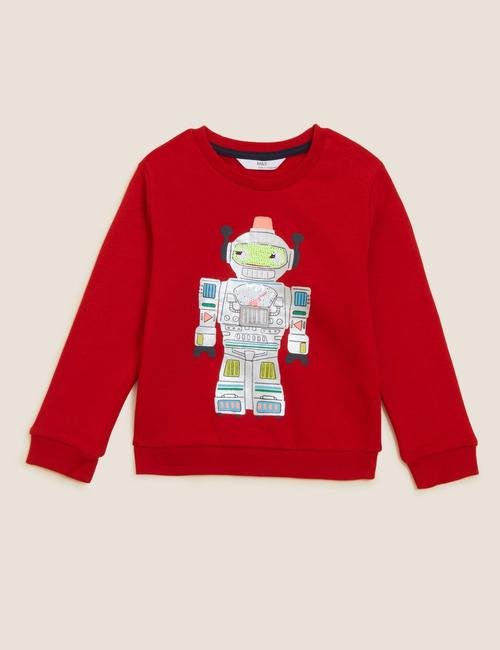 Kırmızı Robot Desenli Yuvarlak Yaka Sweatshirt (2-7 Yaş)