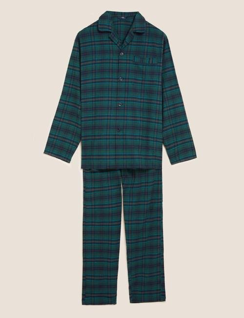 Yeşil Saf Pamuklu Ekose Desenli Pijama Takımı