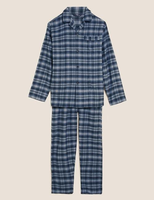 Mavi Saf Pamuklu Ekose Desenli Pijama Takımı