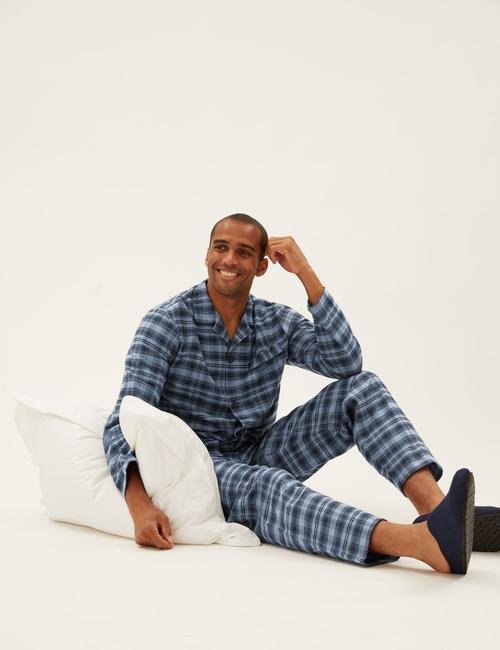 Mavi Saf Pamuklu Ekose Desenli Pijama Takımı