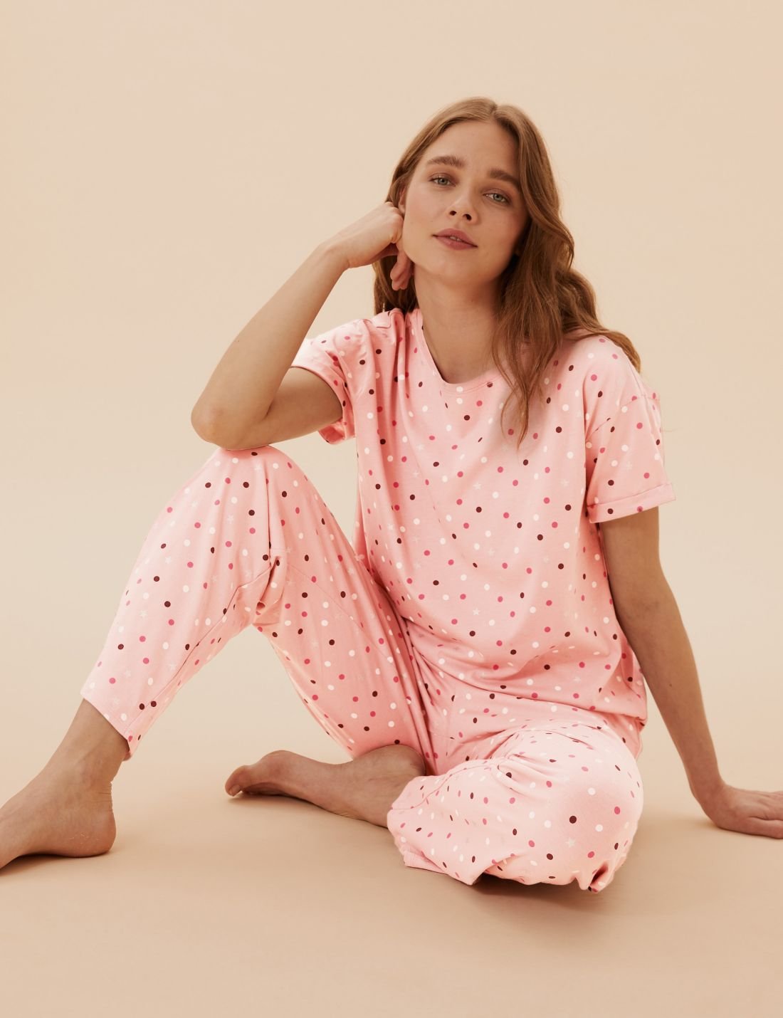 Saf Pamuklu Puantiyeli Pijama Takımı