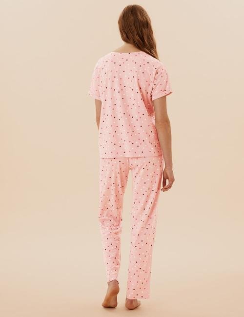 Pembe Saf Pamuklu Puantiyeli Pijama Takımı