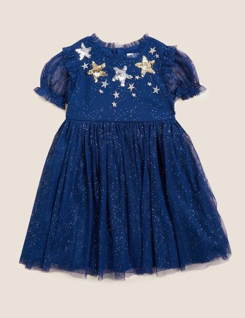Lacivert Yıldız Desenli Elbise (2-7 Yaş)