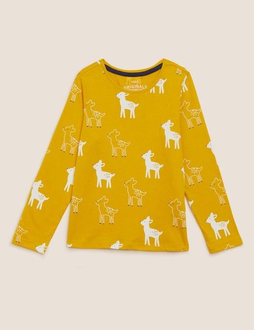 Sarı Saf Pamuklu Geyik Desenli T-Shirt (2-7 Yaş)