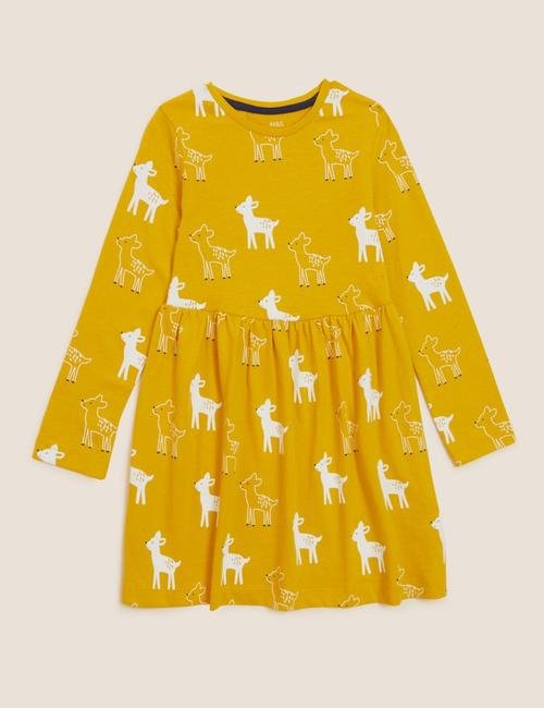 Sarı Saf Pamuklu Geyik Desenli Elbise (2-7 Yaş)