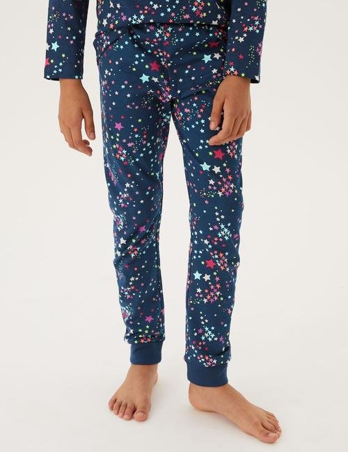 Lacivert Saf Pamuklu Yıldız Desenli Pijama Takımı (6-16 Yaş)