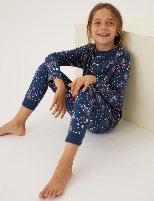Lacivert Saf Pamuklu Yıldız Desenli Pijama Takımı (6-16 Yaş)