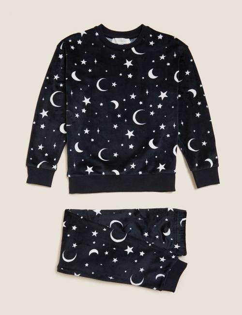 Siyah Yıldız Desenli Kadife Pijama Takımı (6-16 Yaş)