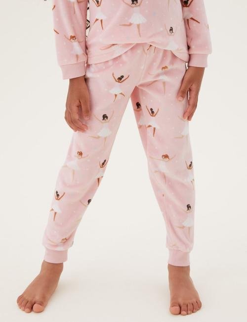Pembe Balerin Desenli Kadife Pijama Takımı (1-7 Yaş)