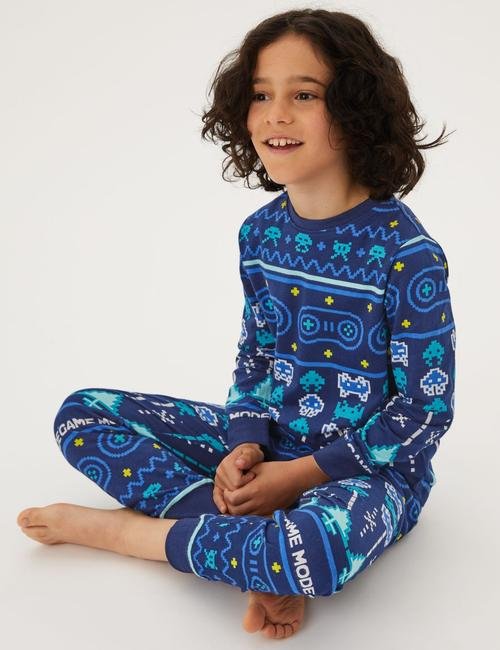 Multi Renk Saf Pamuklu Oyun Desenli Pijama Takımı (6-16 Yaş)