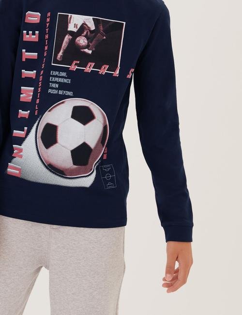 Lacivert Saf Pamuklu Futbol Desenli T-Shirt (6-16 Yaş)