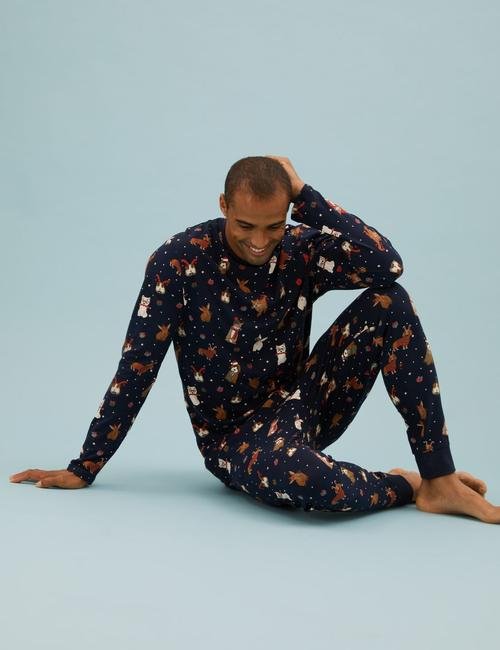 Lacivert Saf Pamuklu Yılbaşı Temalı Pijama Takımı