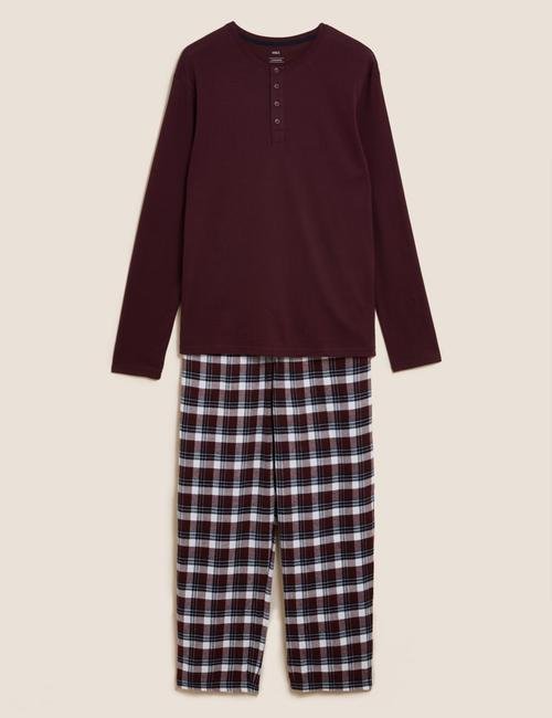 Bordo Saf Pamuklu Ekose Desenli Pijama Takımı