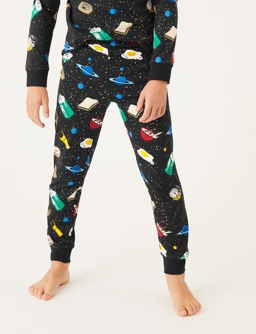 Siyah Saf Pamuklu Uzay Desenli Pijama Takımı (6-16 Yaş)