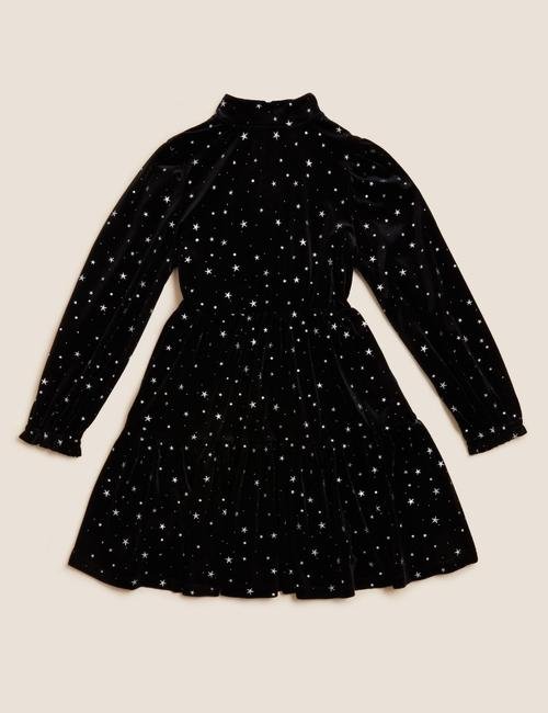 Siyah Yıldız Desenli Kadife Elbise (6-16 Yaş)