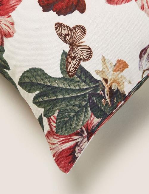 Krem Saf Pamuklu Çiçek Desenli Yastık