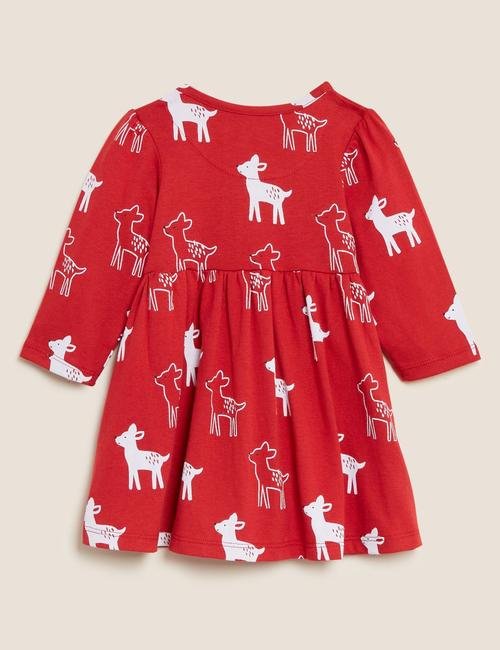 Kırmızı Saf Pamuklu Geyik Desenli Elbise (0-3 Yaş)
