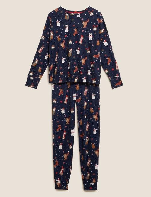 Lacivert Saf Pamuklu Ekose Yılbaşı Temalı Pijama Takımı