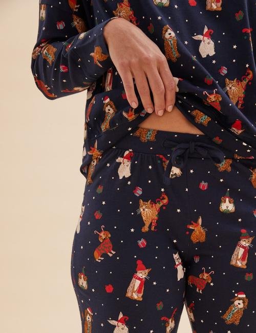 Lacivert Saf Pamuklu Ekose Yılbaşı Temalı Pijama Takımı