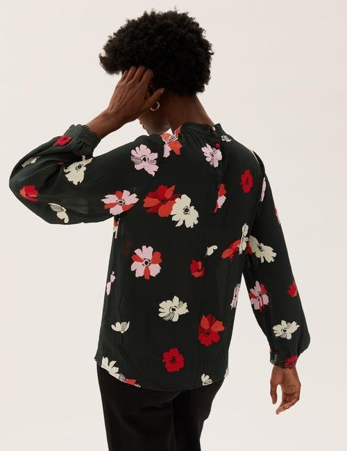 Siyah Çiçek Desenli Uzun Kollu Bluz