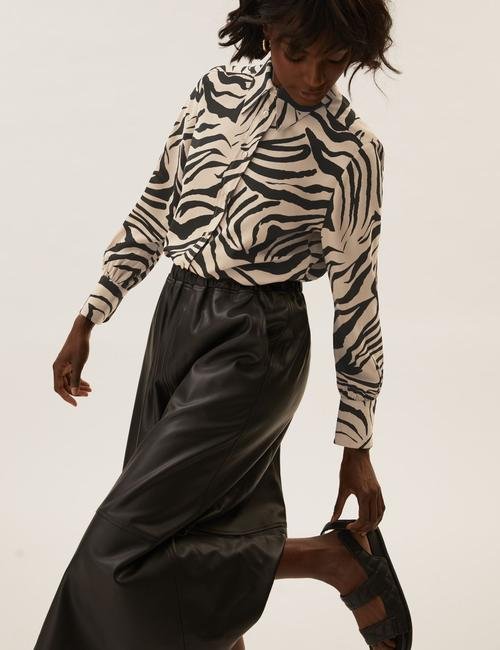 Kahverengi Zebra Desenli Uzun Kollu Bluz