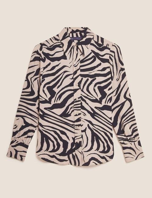 Kahverengi Zebra Desenli Uzun Kollu Bluz