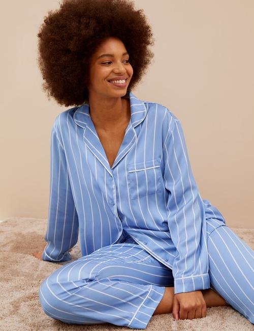 Mavi Dream Satin™ Çizgili Pijama Takımı