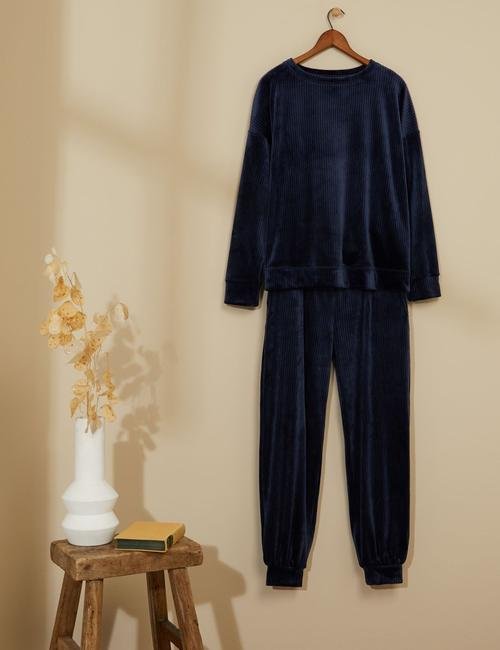 Lacivert Flexifit™ Kadife Pijama Altı