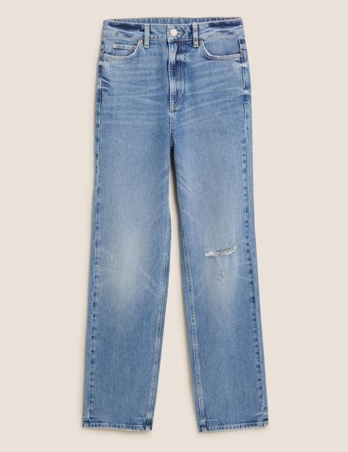 Mavi Yüksek Belli Straight Leg Jean Pantolon