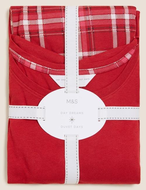 Kırmızı Saf Pamuklu Ekose Desenli Pijama Takımı