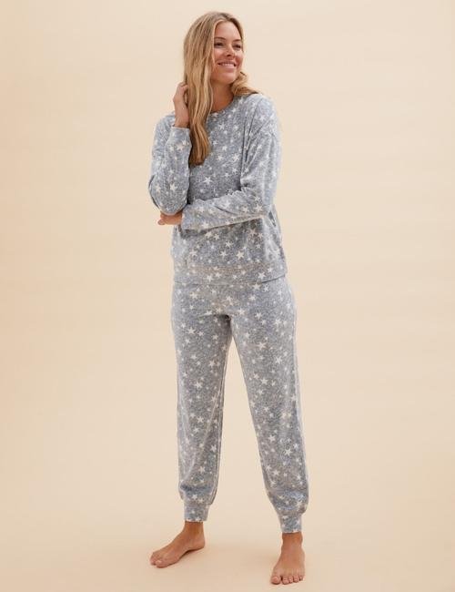 Gri Yıldız Desenli Polar Pijama Takımı