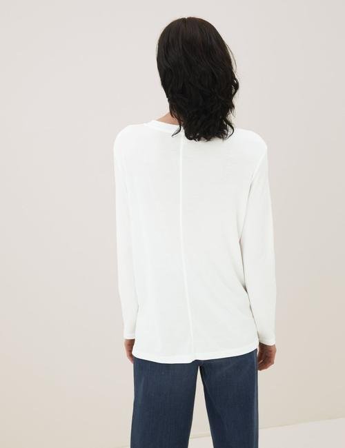 Beyaz Yuvarlak Yaka Uzun Kollu T-Shirt