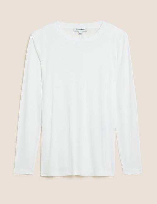 Beyaz Yuvarlak Yaka Uzun Kollu T-Shirt