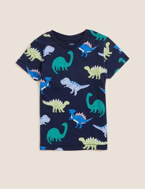 Lacivert Saf Pamuklu Dinozor Desenli T-Shirt (2-7 Yaş)