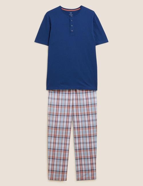 Lacivert Saf Pamuklu Kareli Pijama Takımı