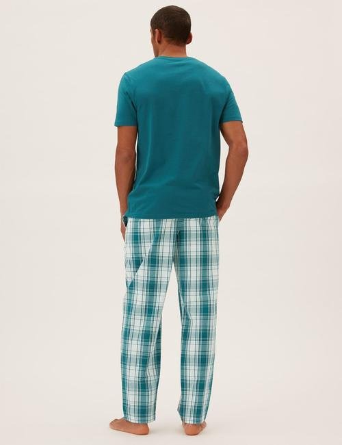 Mavi Saf Pamuklu Kareli Pijama Takımı