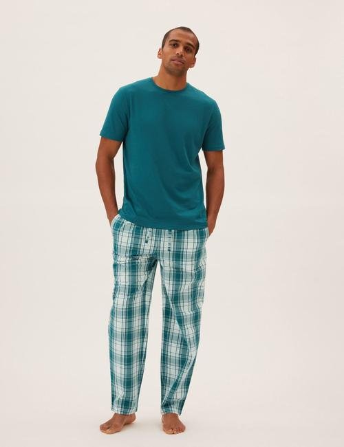 Mavi Saf Pamuklu Kareli Pijama Takımı