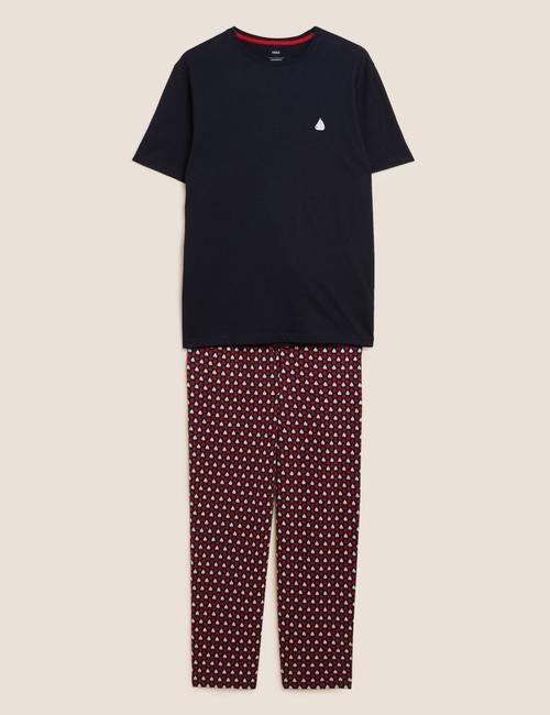 Lacivert Saf Pamuklu Grafik Desenli Pijama Takımı
