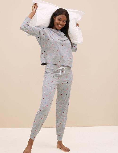 Gri Kalp Desenli Uzun Kollu Pijama Takımı