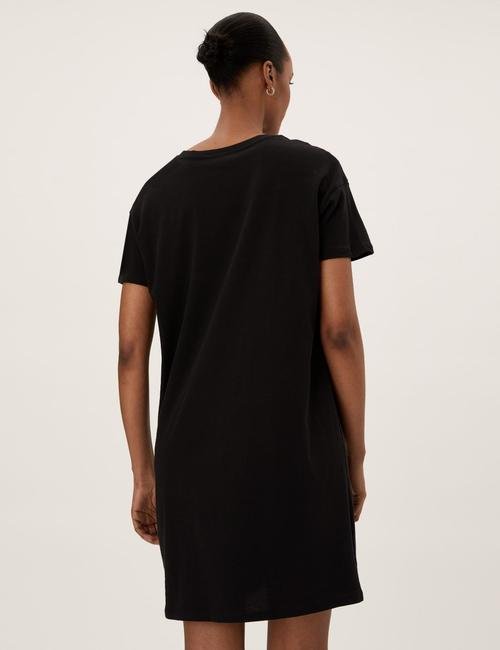 Siyah Saf Pamuklu Mini T-Shirt Elbise