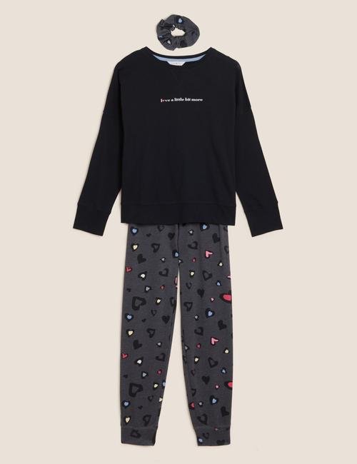 Siyah Kalp Desenli Uzun Kollu Pijama Takımı
