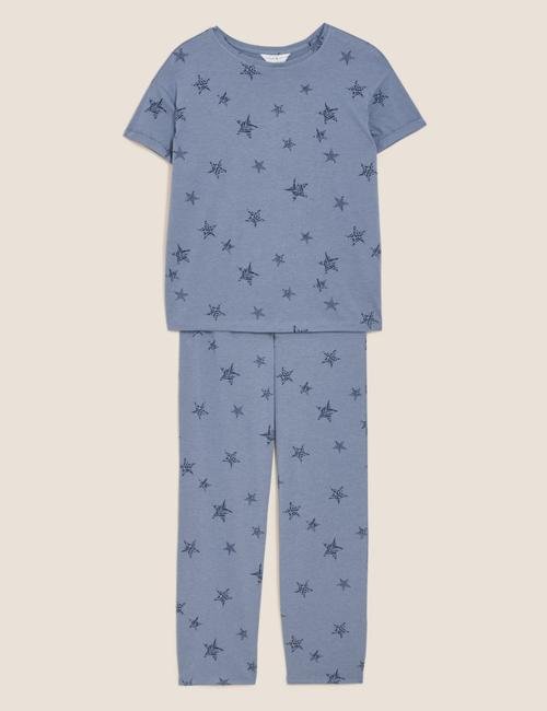 Mavi Yıldız Desenli Kısa Kollu Pijama Takımı