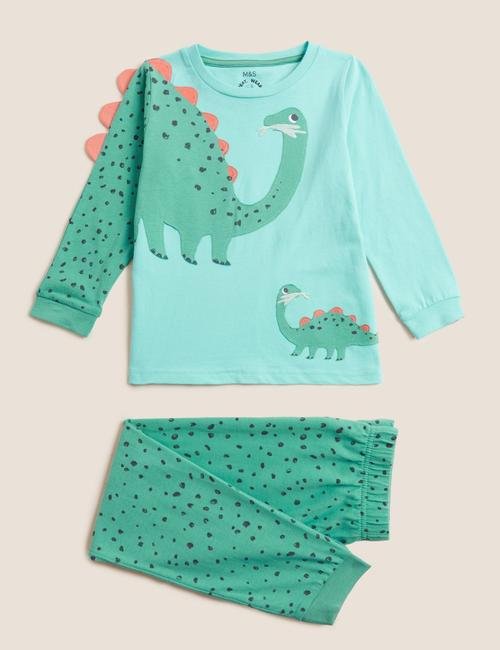 Yeşil Saf Pamuklu Dinozor Desenli Pijama Takımı (1-7 Yaş)