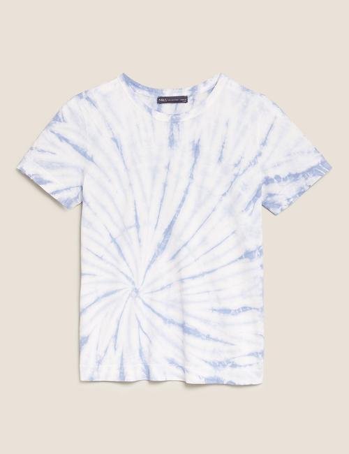 Mavi Saf Pamuklu Batik Desenli T-Shirt