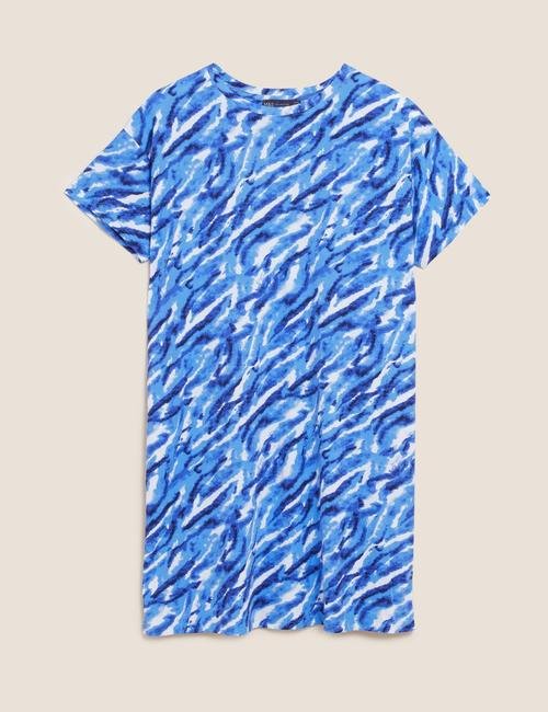 Mavi Saf Pamuklu Mini T-Shirt Elbise